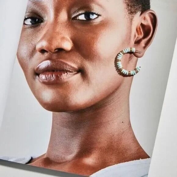 Stella & Dot Pale Turquoise Gold Beaded Hoop Earrings – Boho Chic 1.4” - Picture 3 of 3